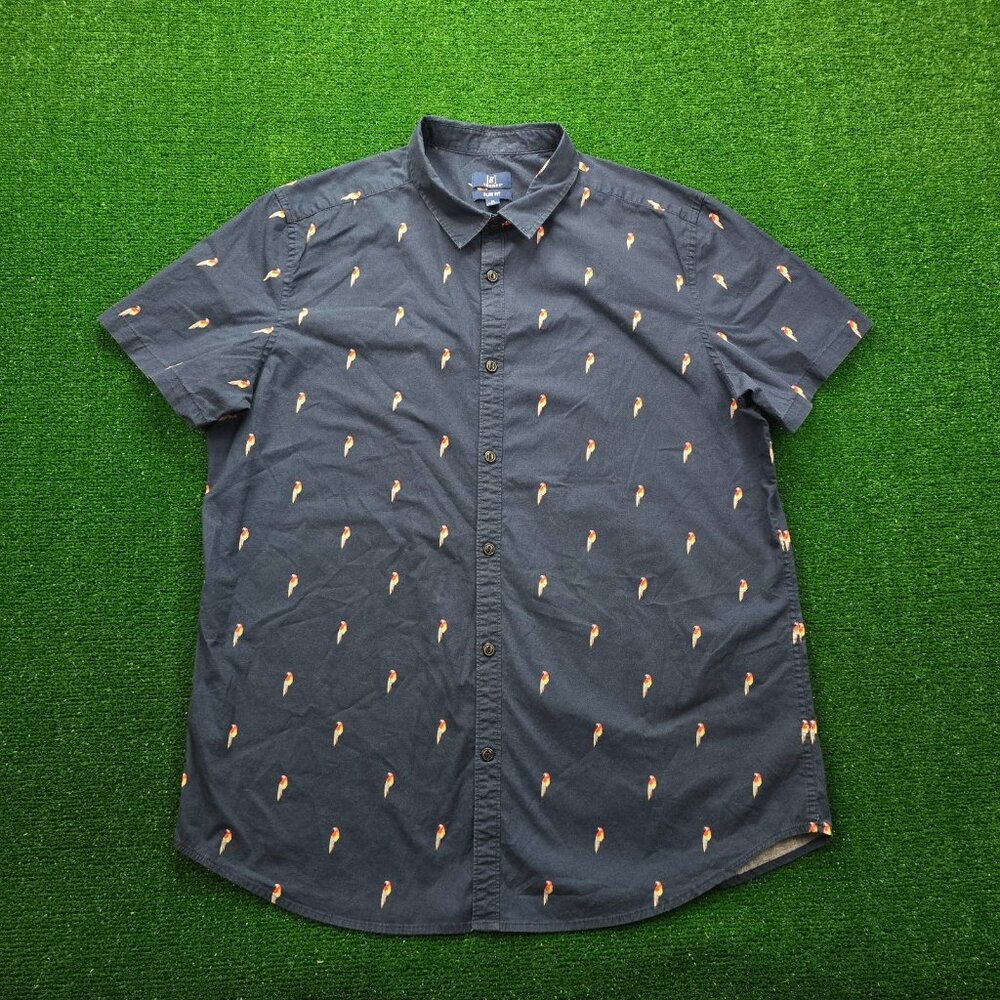 George Shirt Mens XL Blue‎ Slim Fit Parrot All Over Print Summer Beach Casual